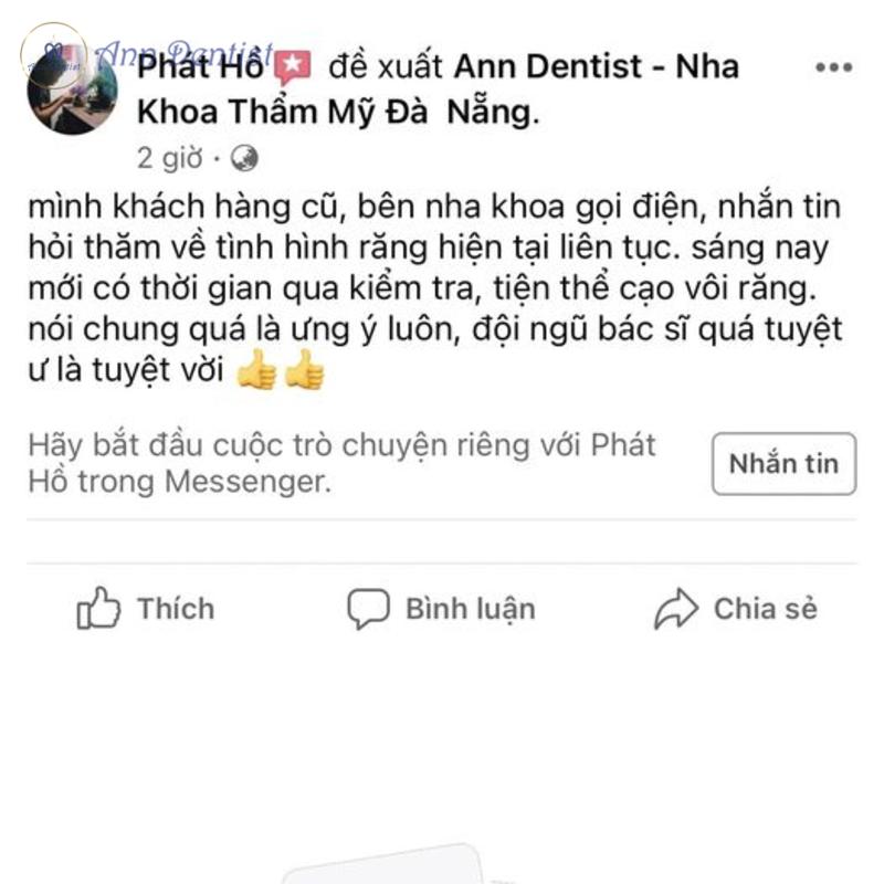 Một khách hàng cũ của nha khoa Ann dentist đánh giá