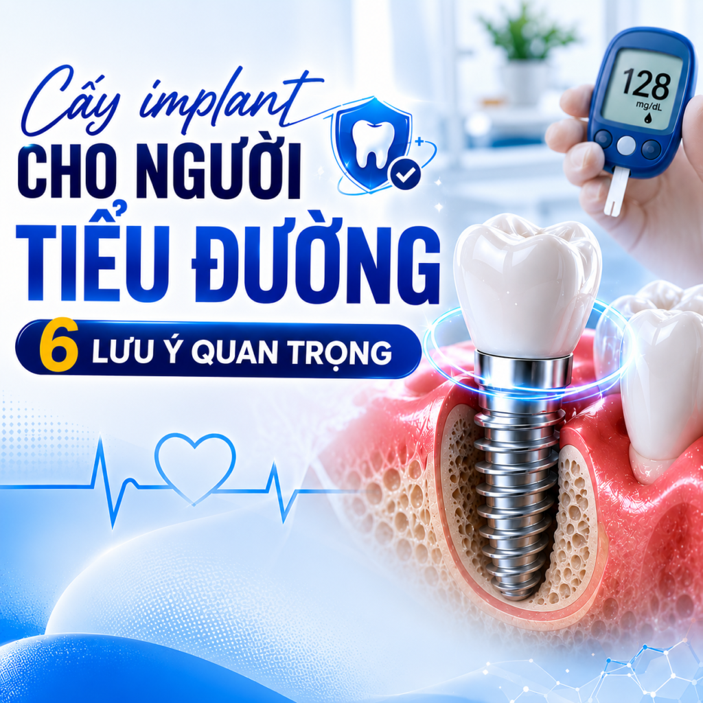 Người mắc tiểu đường có cấy Implant được không? Câu trả lời là có, nếu đường huyết được kiểm soát tốt và thực hiện đúng quy trình điều trị. Hãy nắm rõ 6 lưu ý quan trọng để tăng tỷ lệ tích hợp Implant, giảm nguy cơ biến chứng và đảm bảo kết quả ăn nhai bền vững, an toàn lâu dài.